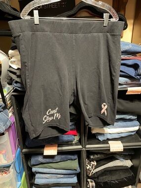 #402a size 4 torrid strong - Black 'Can't Stop Me' biker Shorts w/ Pink Ribbon